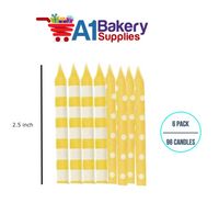 A1BakerySupplies Yellow Stripes And Dots Candles 6 pack for Birthday Cake Decorations and Anniversary