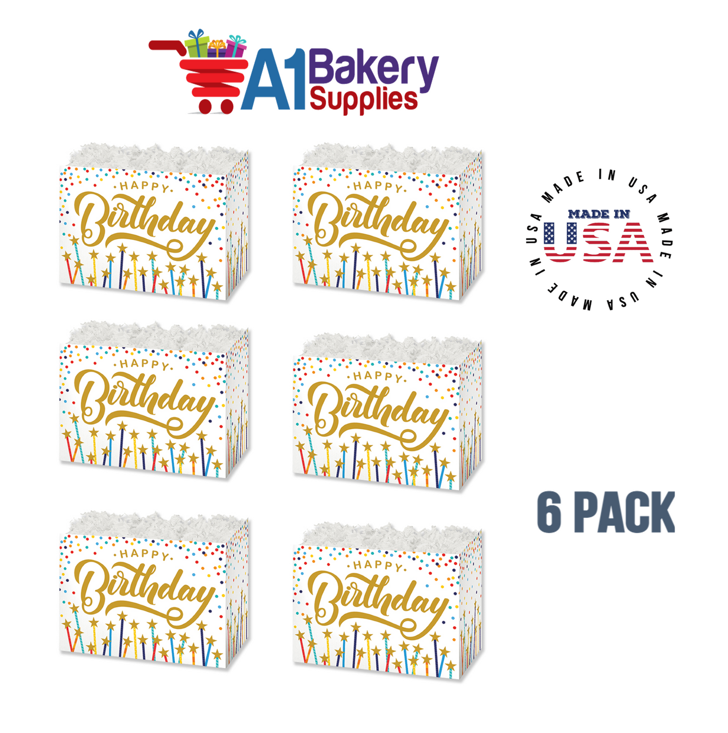 Happy Birthday Stars Basket Box, Theme Gift Box, Large 10.25 (Length) x 6 (Width) x 7.5 (Height), 6 Pack