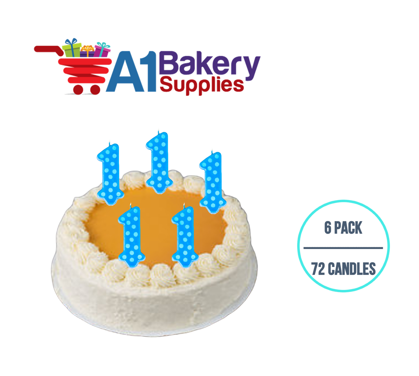 A1BakerySupplies 1st Birthday Polka Dot Candles - Blue Candles 6 pack for Birthday Cake Decorations and Anniversary