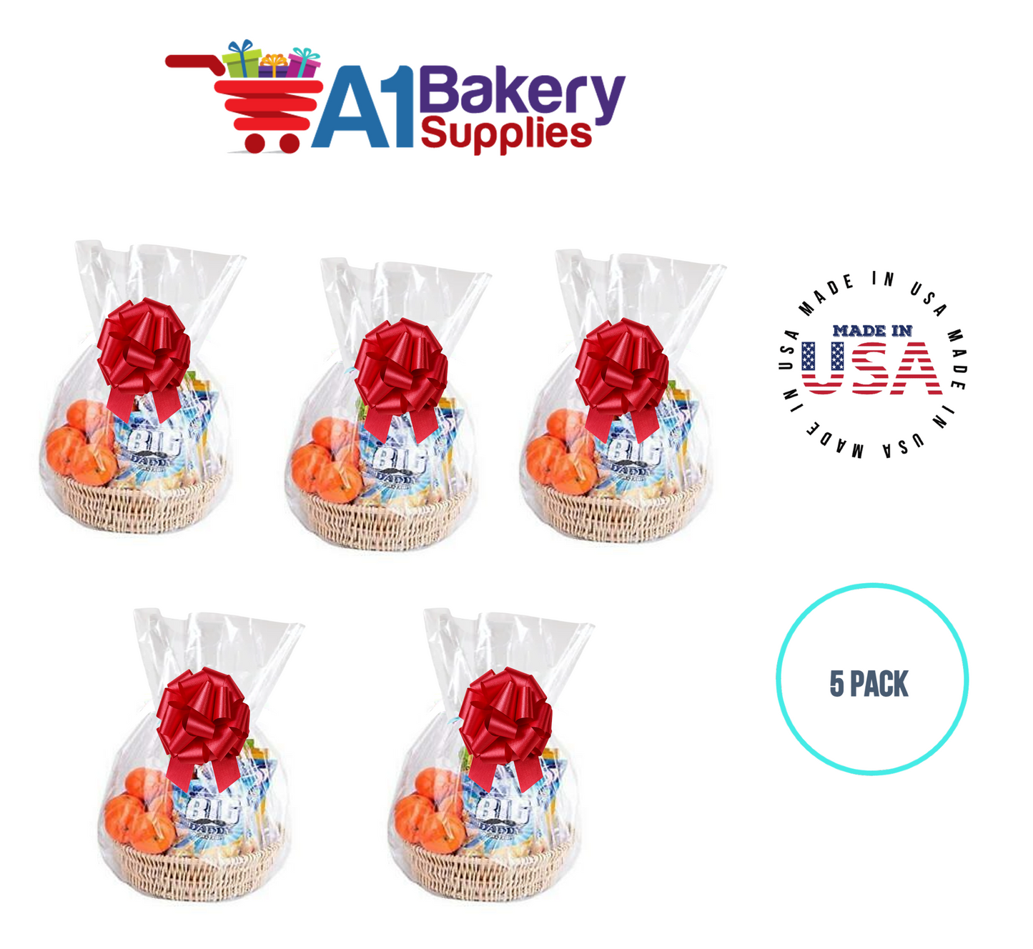 BOPP Sealable Cellophane Bags and Clear Gift Basket Wrap Packaging, 18 in x 30 in, Clear Cello Wrapping for Baby Shower, Wedding Party, or Event Giveaways, 5 Pack