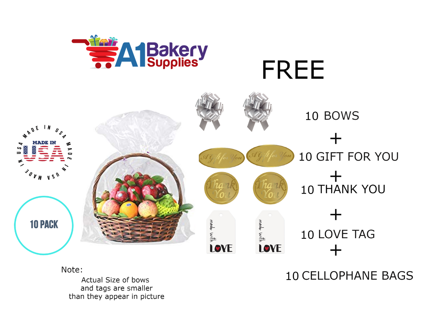 BOPP Sealable Cellophane Bags and Clear Gift Basket Wrap Packaging, 20 in x 30 in, Clear Cello Wrapping for Baby Shower, Wedding Party, or Event Giveaways, 10 Pack