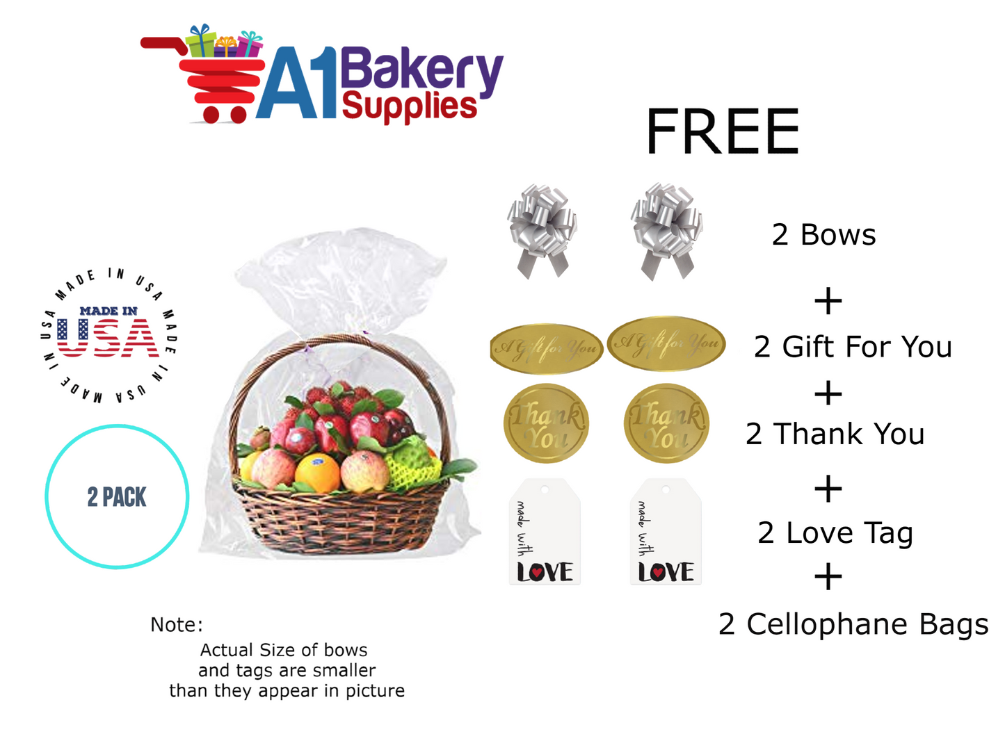 BOPP Sealable Cellophane Bags and Clear Gift Basket Wrap Packaging, 20 in x 30 in, Clear Cello Wrapping for Baby Shower, Wedding Party, or Event Giveaways, 2 Pack