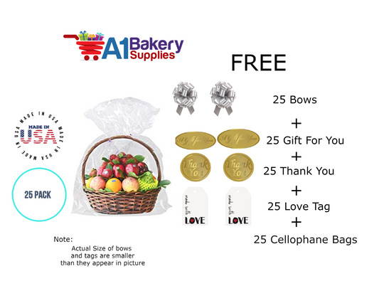 BOPP Sealable Cellophane Bags and Clear Gift Basket Wrap Packaging, 20 in x 30 in, Clear Cello Wrapping for Baby Shower, Wedding Party, or Event Giveaways, 25 Pack