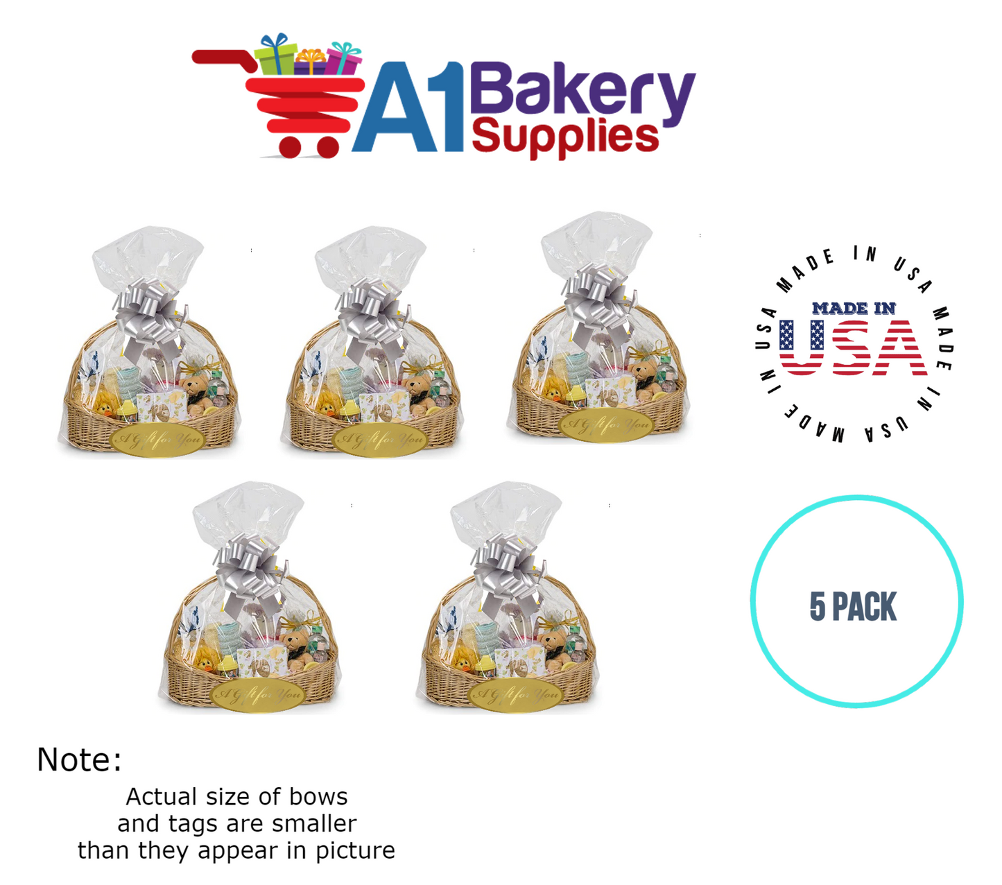 BOPP Sealable Cellophane Bags and Clear Gift Basket Wrap Packaging, 24 in x 30 in, Clear Cello Wrapping for Baby Shower, Wedding Party, or Event Giveaways, 5 Pack