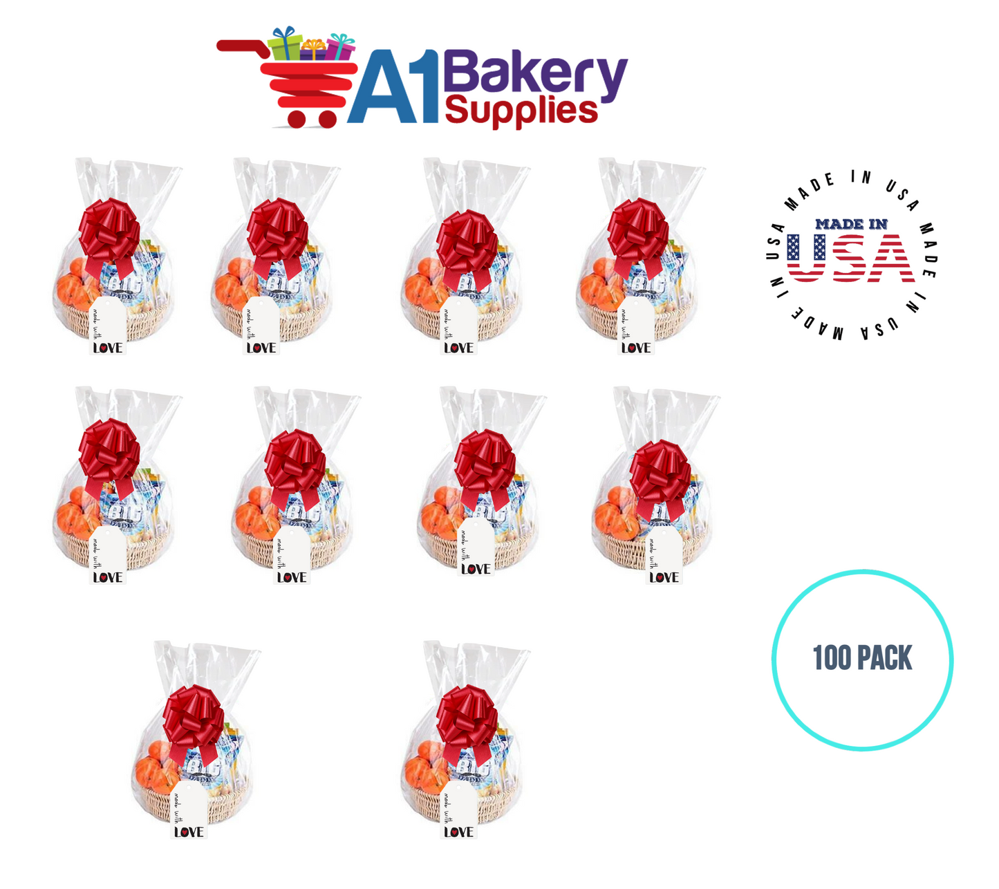 BOPP Sealable Cellophane Bags and Clear Gift Basket Wrap Packaging, 18 in x 30 in, Clear Cello Wrapping for Baby Shower, Wedding Party, or Event Giveaways, 100 Pack