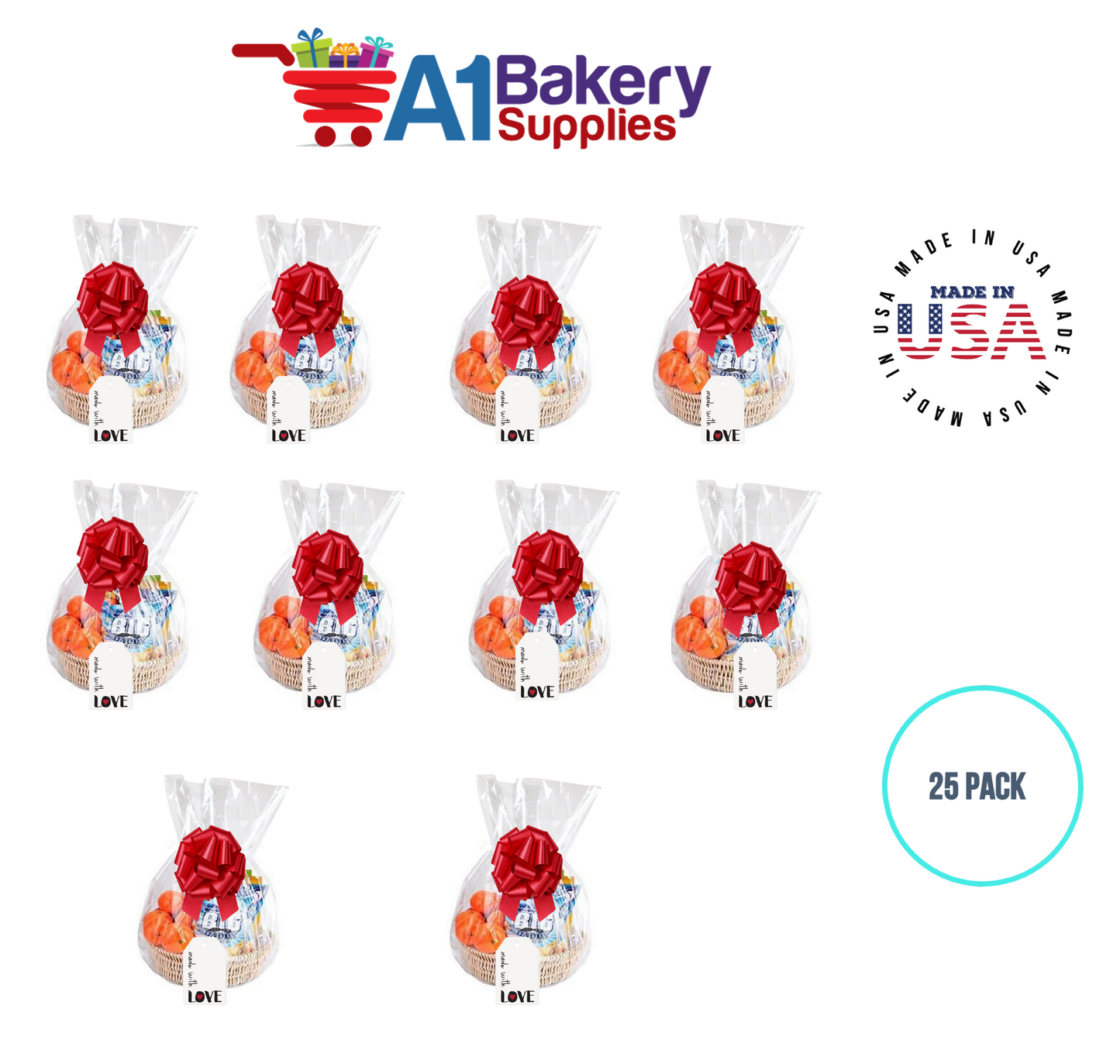 BOPP Sealable Cellophane Bags and Clear Gift Basket Wrap Packaging, 18 in x 30 in, Clear Cello Wrapping for Baby Shower, Wedding Party, or Event Giveaways, 25 Pack