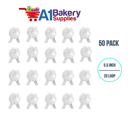 A1BakerySupplies 50 Pieces Pull Bow for Gift Wrapping Gift Bows Pull Bow With Ribbon for Wedding Gift Baskets, 5.5 Inch 20 Loop in White Color