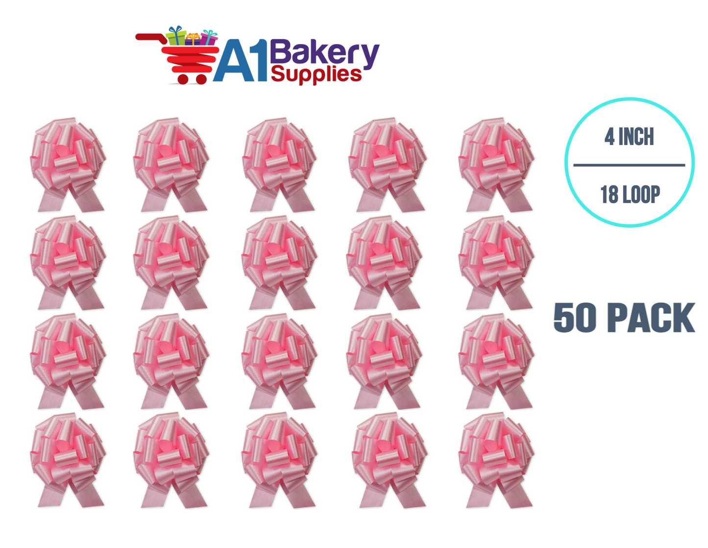 A1BakerySupplies 50 Pieces Pull Bow for Gift Wrapping Gift Bows Pull Bow With Ribbon for Wedding Gift Baskets, 4 Inch 18 Loop in Baby Pink Flora Satin Color