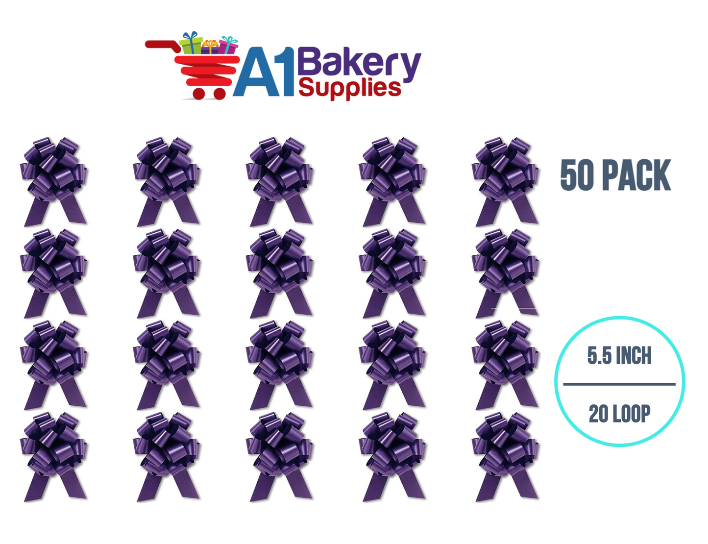 A1BakerySupplies 50 Pieces Pull Bow for Gift Wrapping Gift Bows Pull Bow With Ribbon for Wedding Gift Baskets, 5.5 Inch 20 Loop in Purple Color