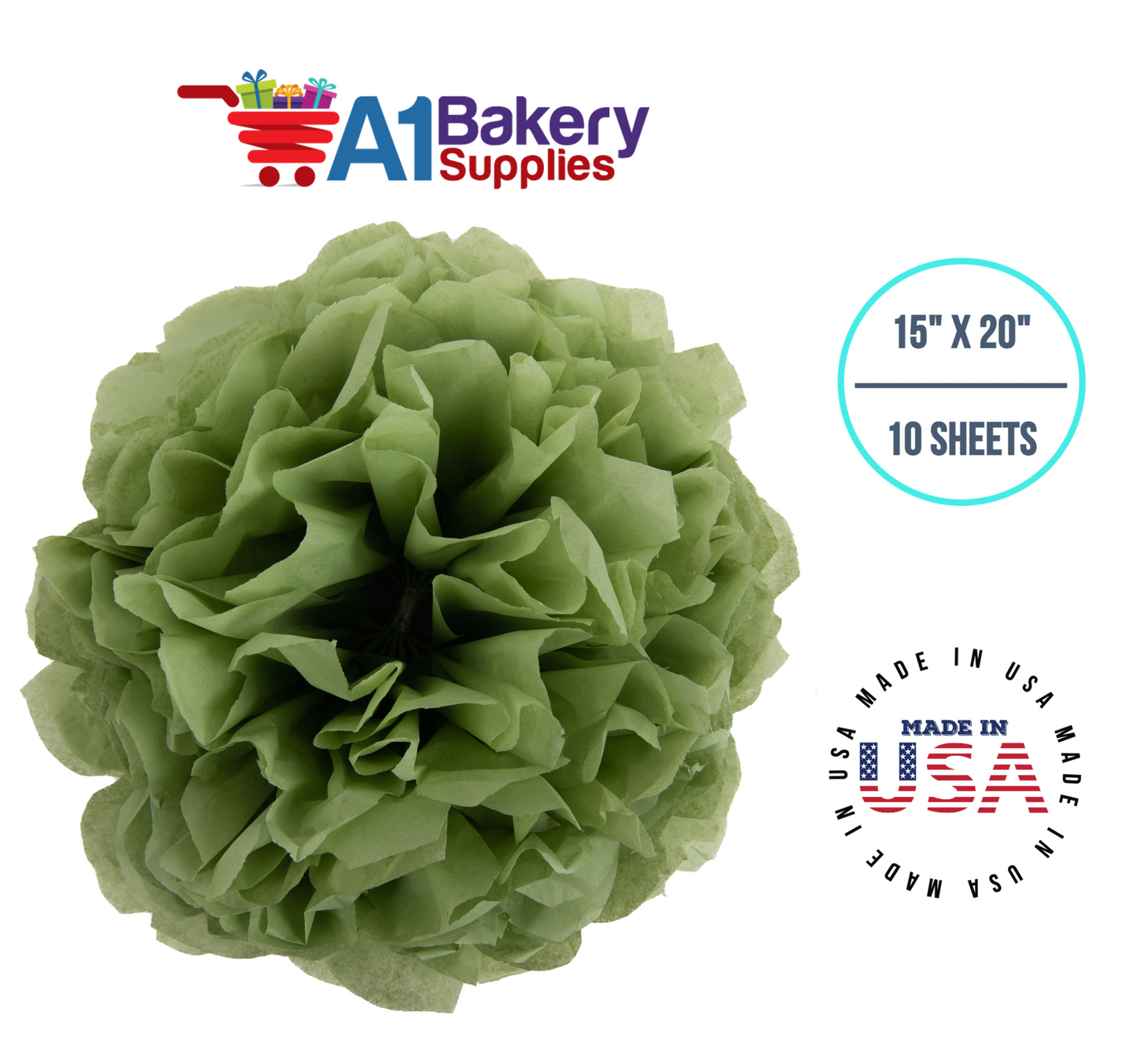 Sage Tissue Paper Squares, Bulk 10 Sheets, Premium Gift Wrap and Art Supplies for Birthdays, Holidays, or Presents by A1BakerySupplies, Small 15 Inch x 20 Inch