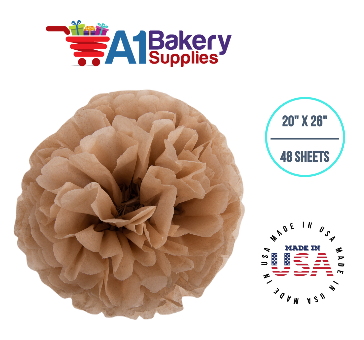 Desert Tan  Tissue Paper Squares, Bulk 48 Sheets, Premium Gift Wrap and Art Supplies for Birthdays, Holidays, or Presents by A1BakerySupplies, Medium 20 Inch x 26 Inch