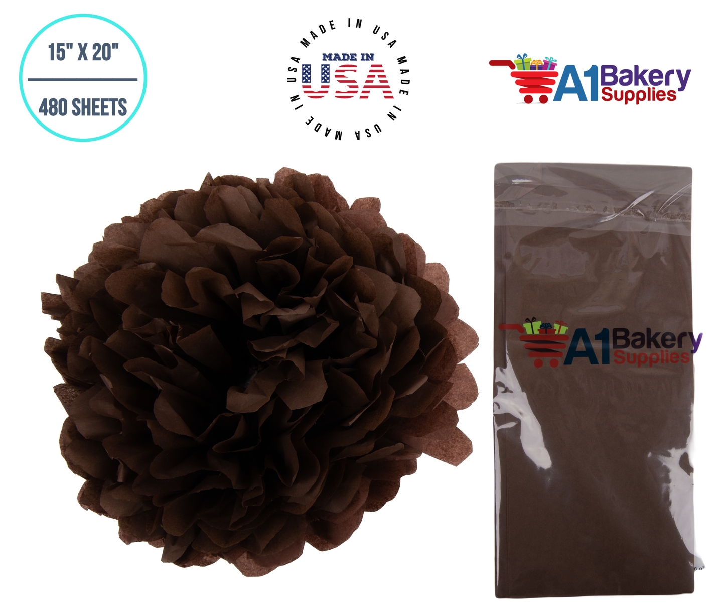 Chocolate Tissue Paper Squares, Bulk 480 Sheets, Premium Gift Wrap and Art Supplies for Birthdays, Holidays, or Presents by A1BakerySupplies, Large 15 Inch x 20 Inch