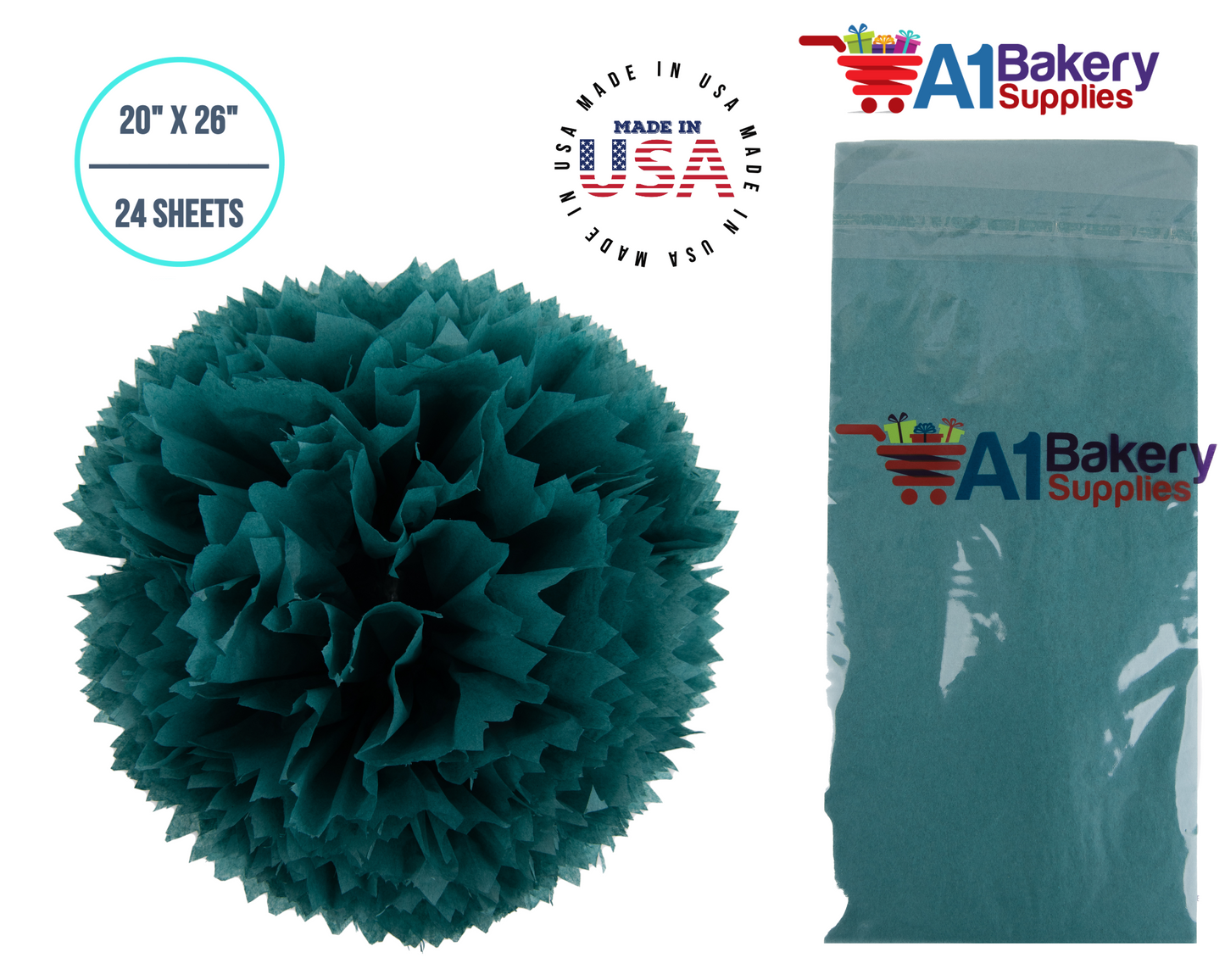 Teal Tissue Paper Squares, Bulk 24 Sheets, Premium Gift Wrap and Art Supplies for Birthdays, Holidays, or Presents by A1BakerySupplies, Small  20 Inch x 26 Inch