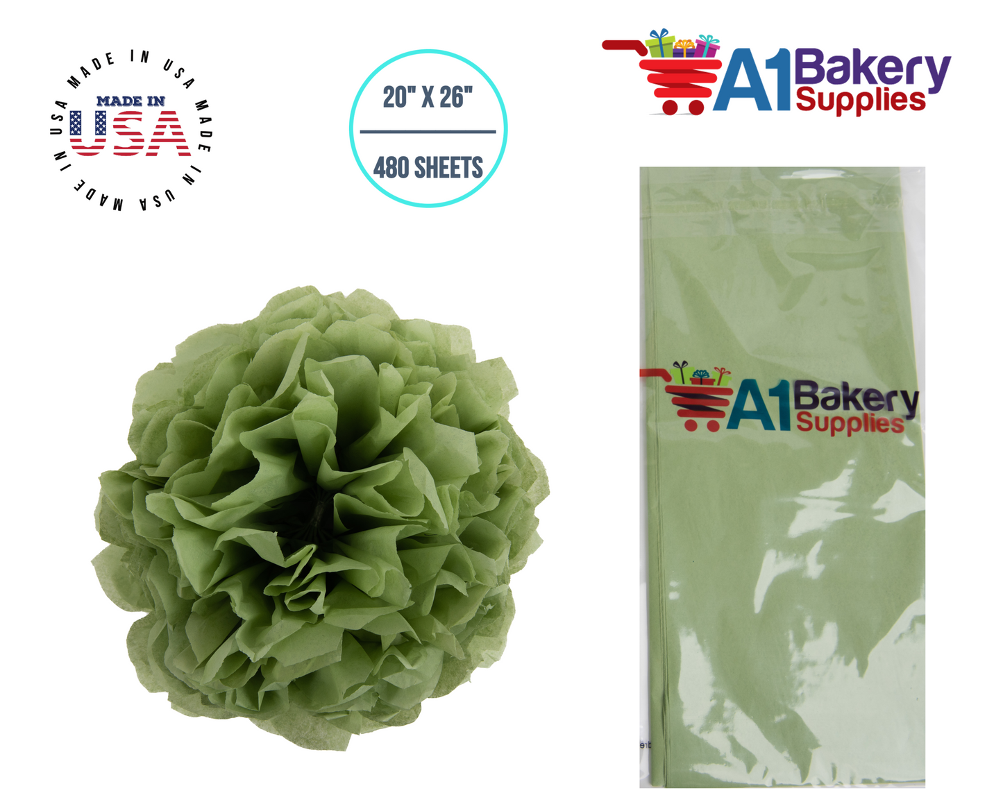 Sage Tissue Paper Squares, Bulk 480 Sheets, Premium Gift Wrap and Art Supplies for Birthdays, Holidays, or Presents by A1BakerySupplies, Large 20 Inch x 26 Inch