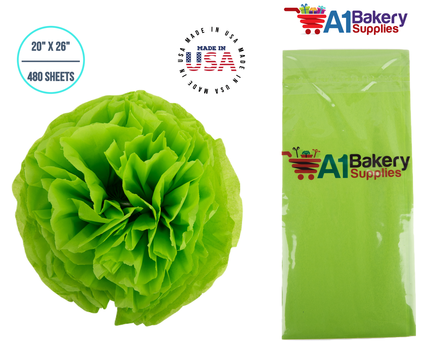 Bright Lime Tissue Paper Squares, Bulk 480 Sheets, Premium Gift Wrap and Art Supplies for Birthdays, Holidays, or Presents by A1BakerySupplies, Large 20 Inch x 26 Inch