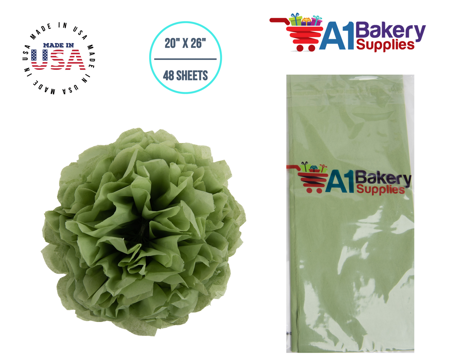 Sage Tissue Paper Squares, Bulk 48 Sheets, Premium Gift Wrap and Art Supplies for Birthdays, Holidays, or Presents by A1BakerySupplies, Medium 20 Inch x 26 Inch