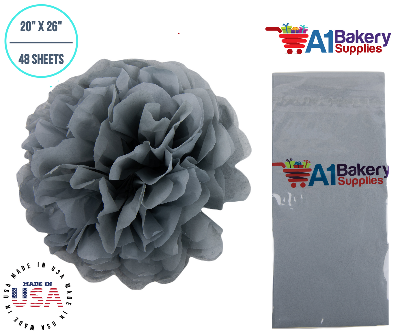 Gray Tissue Paper Squares, Bulk 48 Sheets, Premium Gift Wrap and Art Supplies for Birthdays, Holidays, or Presents by A1BakerySupplies, Medium 20 Inch x 26 Inch