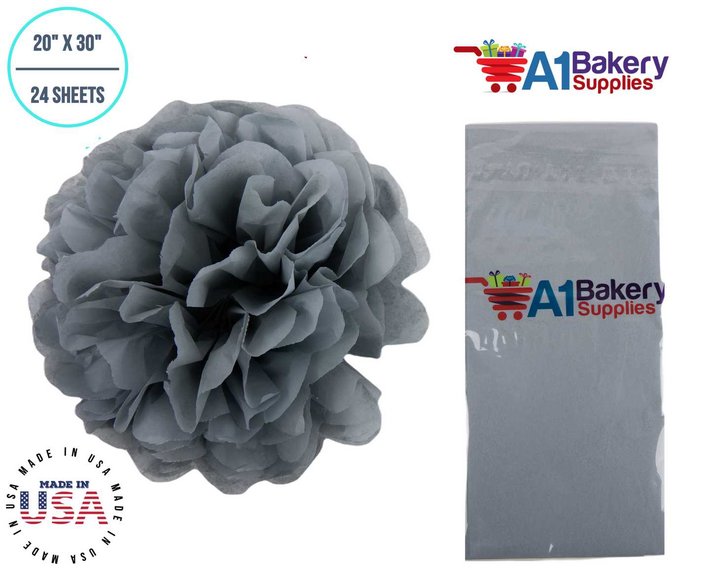 Gray Tissue Paper Squares, Bulk 24 Sheets, Premium Gift Wrap and Art Supplies for Birthdays, Holidays, or Presents by A1BakerySupplies, Small 20 Inch x 30 Inch