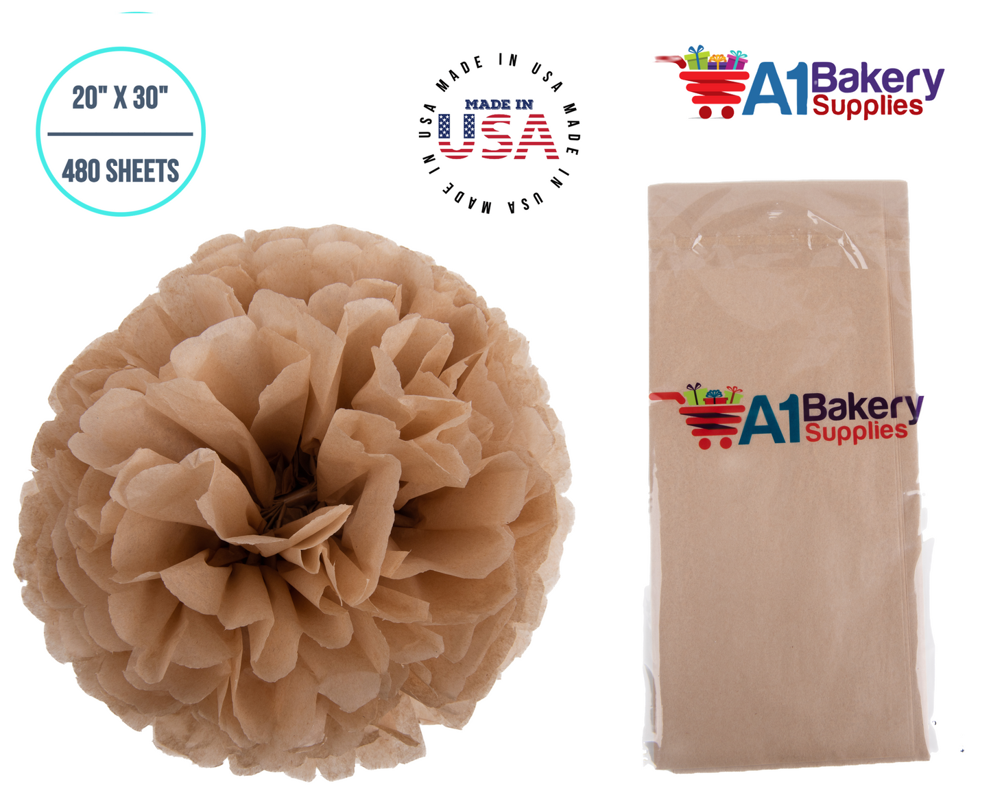 Desert Tan  Tissue Paper Squares, Bulk 480 Sheets, Premium Gift Wrap and Art Supplies for Birthdays, Holidays, or Presents by A1BakerySupplies, Large 20 Inch x 30 Inch