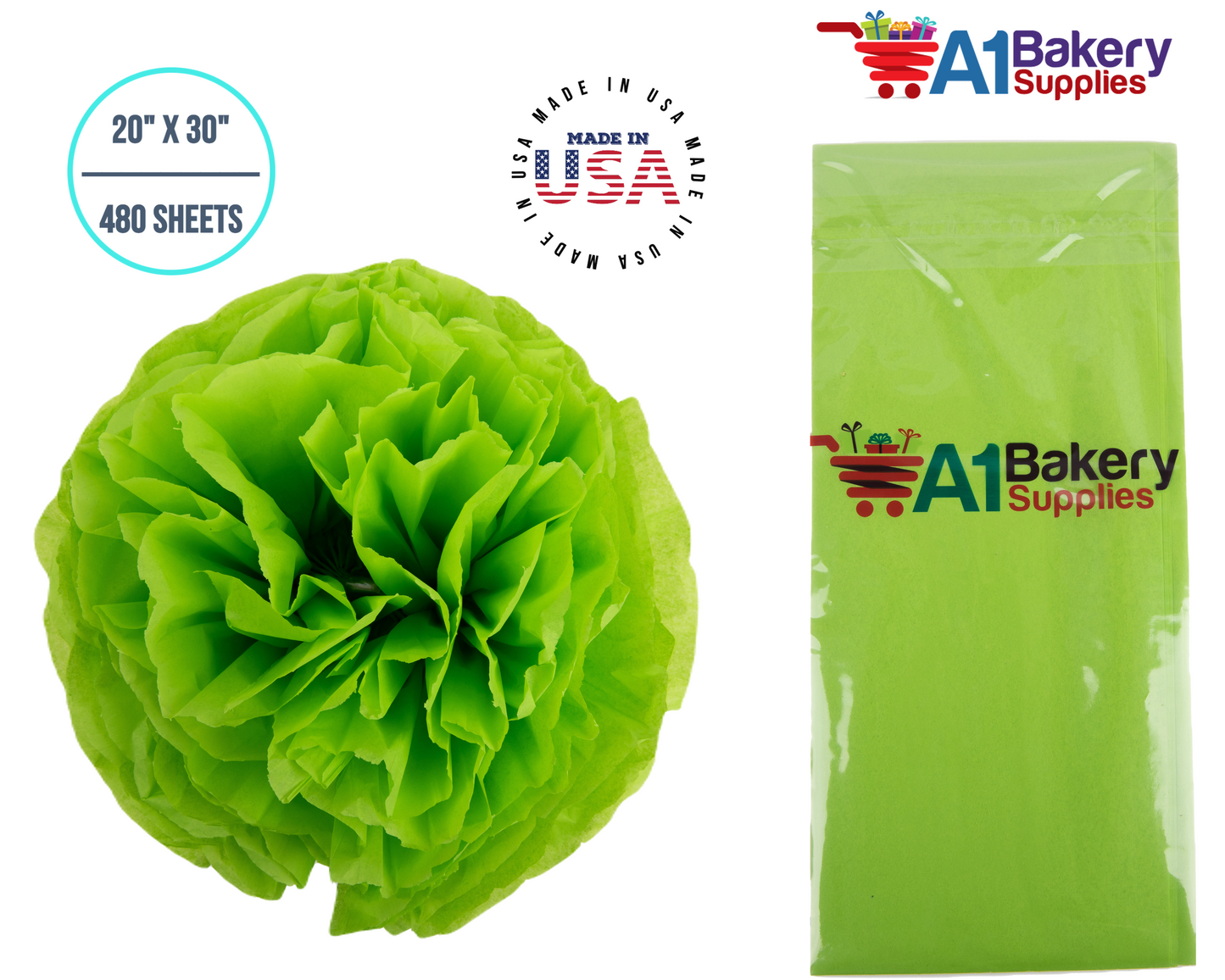 Bright Lime Tissue Paper Squares, Bulk 480 Sheets, Premium Gift Wrap and Art Supplies for Birthdays, Holidays, or Presents by A1BakerySupplies, Large 20 Inch x 30 Inch