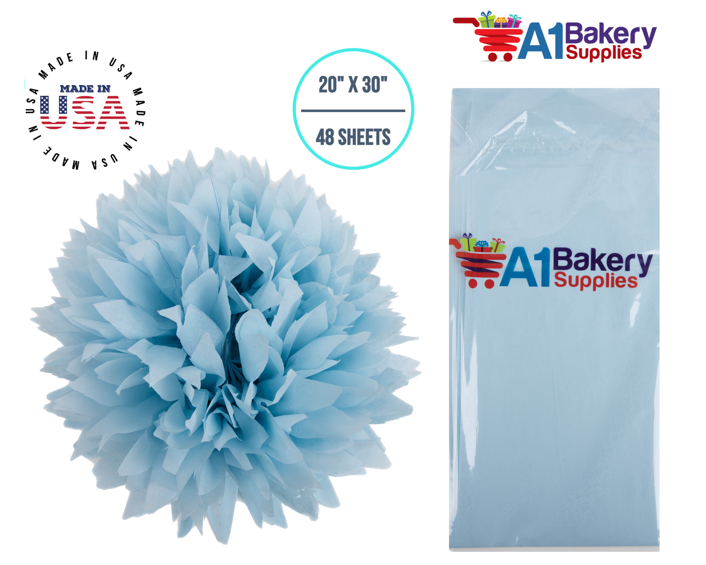 Light Blue Tissue Paper Squares, Bulk 48 Sheets, Premium Gift Wrap and Art Supplies for Birthdays, Holidays, or Presents by A1BakerySupplies, Medium 20 Inch x 30 Inch