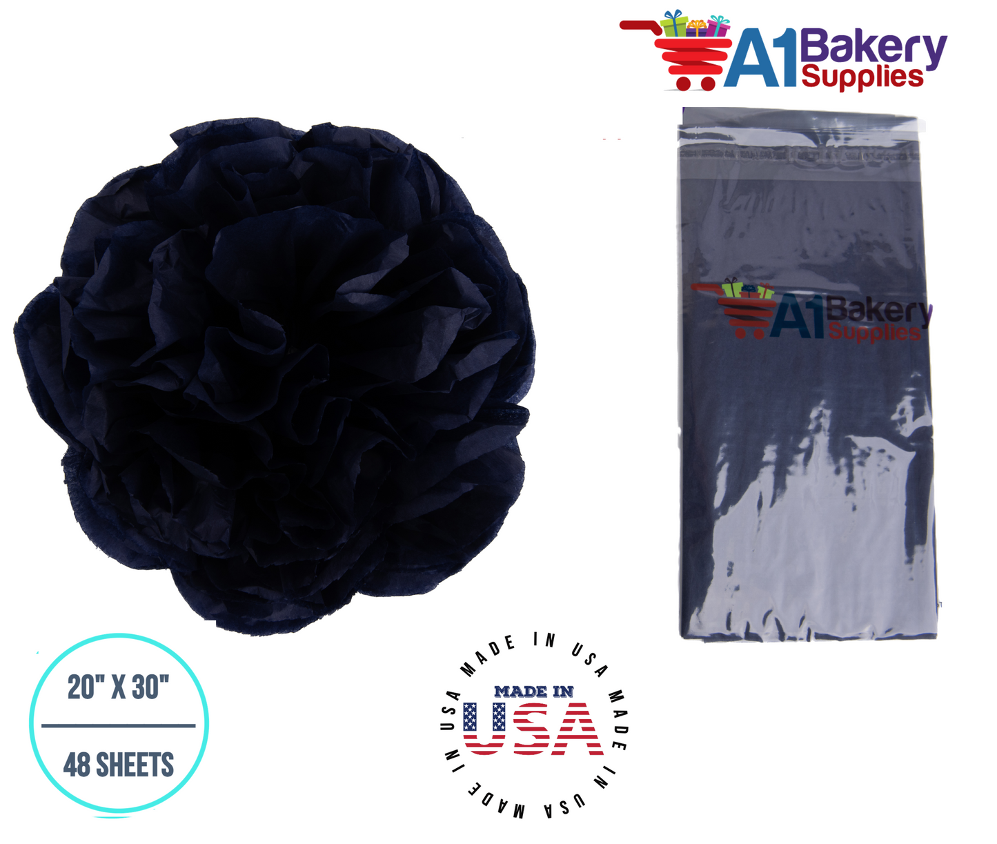 Black Tissue Paper Squares, Bulk 48 Sheets, Premium Gift Wrap and Art Supplies for Birthdays, Holidays, or Presents by A1BakerySupplies, Medium 20 Inch x 30 Inch