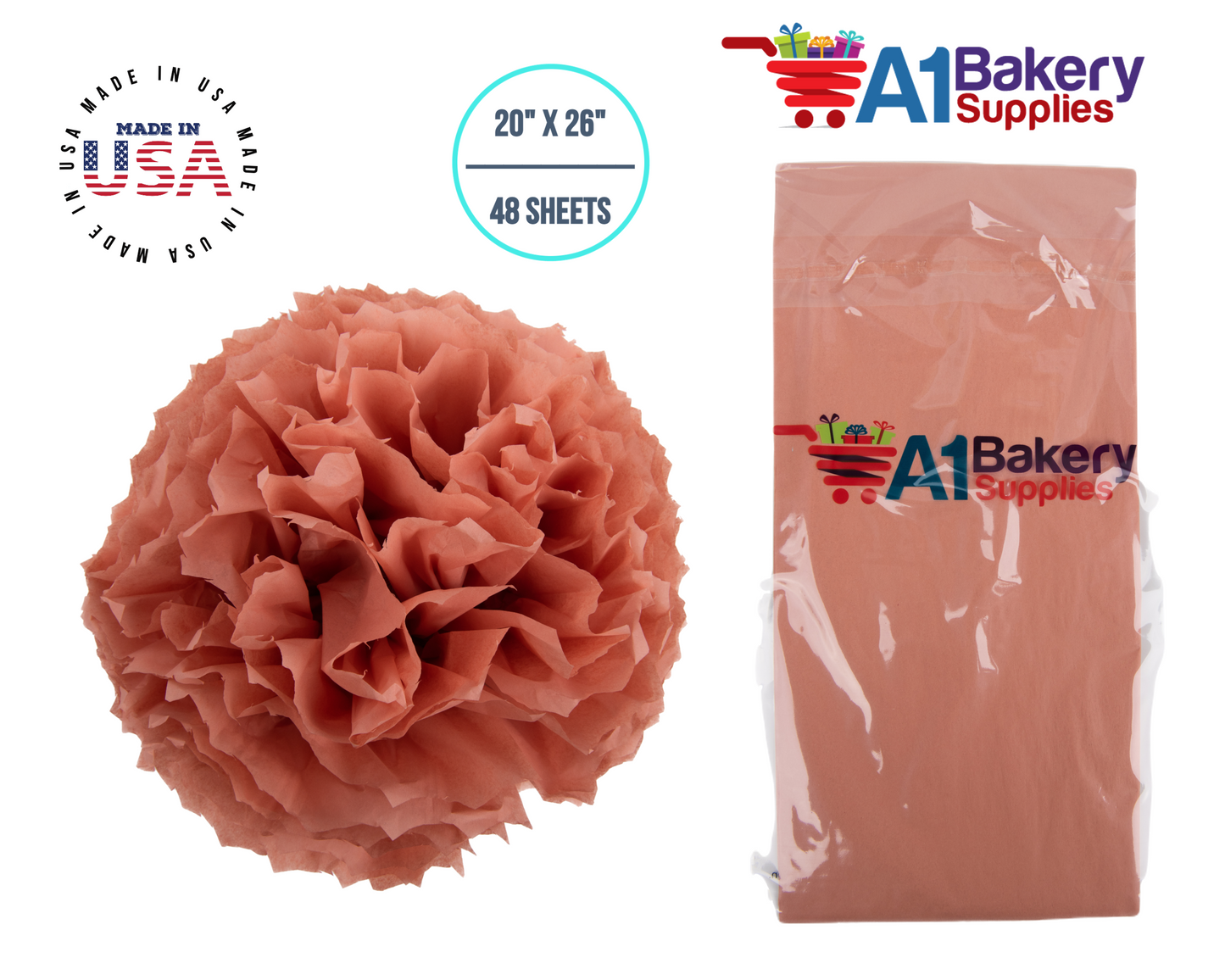 Terra Cotta Tissue Paper Squares Bulk  48 Sheets Premium Gift Wrap and Art Supplies for Birthdays Holidays or Presents by A1 Bakery Supplies Medium 20 Inch x 26 Inch