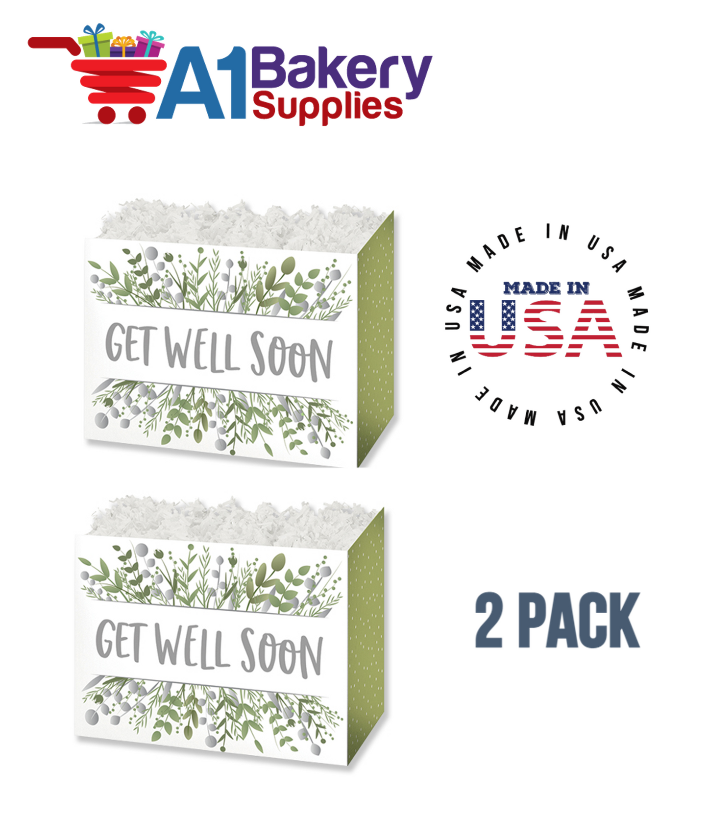 Get Well Greenery Basket Box, Theme Gift Box, Large 10.25 (Length) x 6 (Width) x 7.5 (Height), 2 Pack