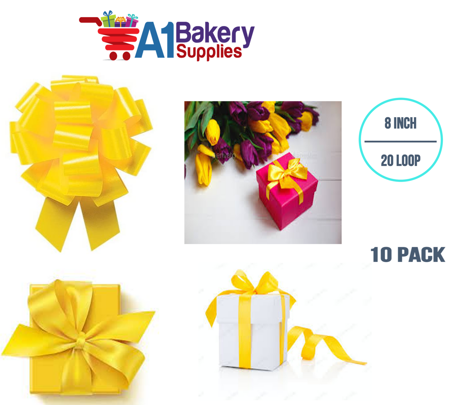 A1BakerySupplies 10 Pieces Pull Bow for Gift Wrapping Gift Bows Pull Bow With Ribbon for Wedding Gift Baskets, 8 Inch 20 Loop Yellow Daffodil Flora Satin Color