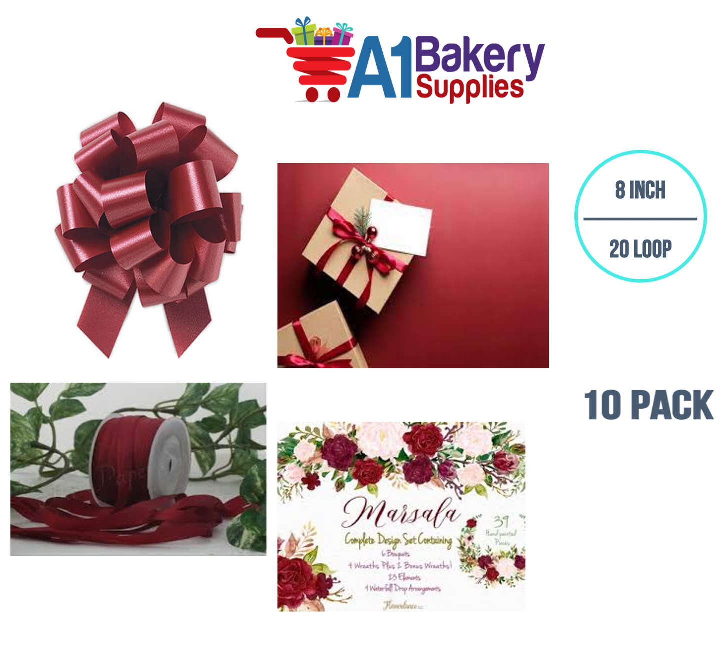 A1BakerySupplies 10 Pieces Pull Bow for Gift Wrapping Gift Bows Pull Bow With Ribbon for Wedding Gift Baskets, 8 Inch 20 Loop Marsala Maroon Flora Satin Color