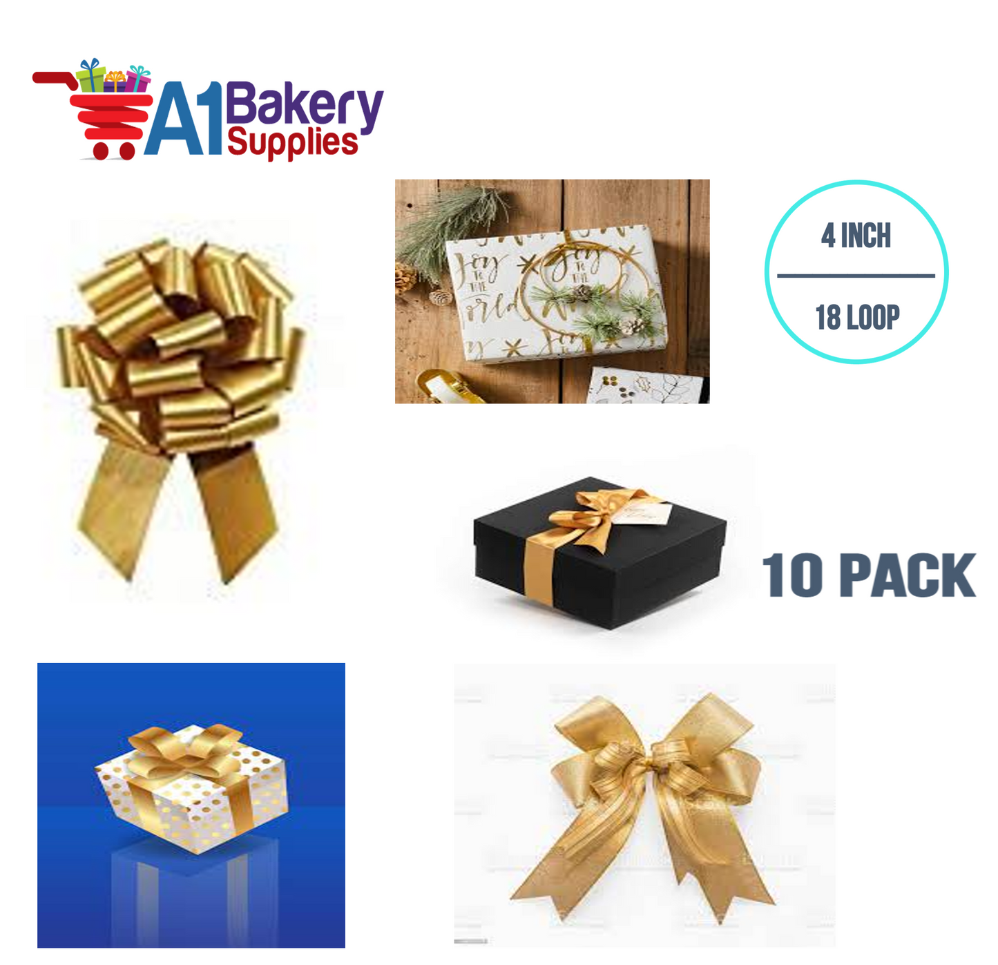 A1BakerySupplies 10 Pieces Pull Bow for Gift Wrapping Gift Bows Pull Bow With Ribbon for Wedding Gift Baskets, 4 Inch 18 Loop in Antique Gold Flora Satin Color