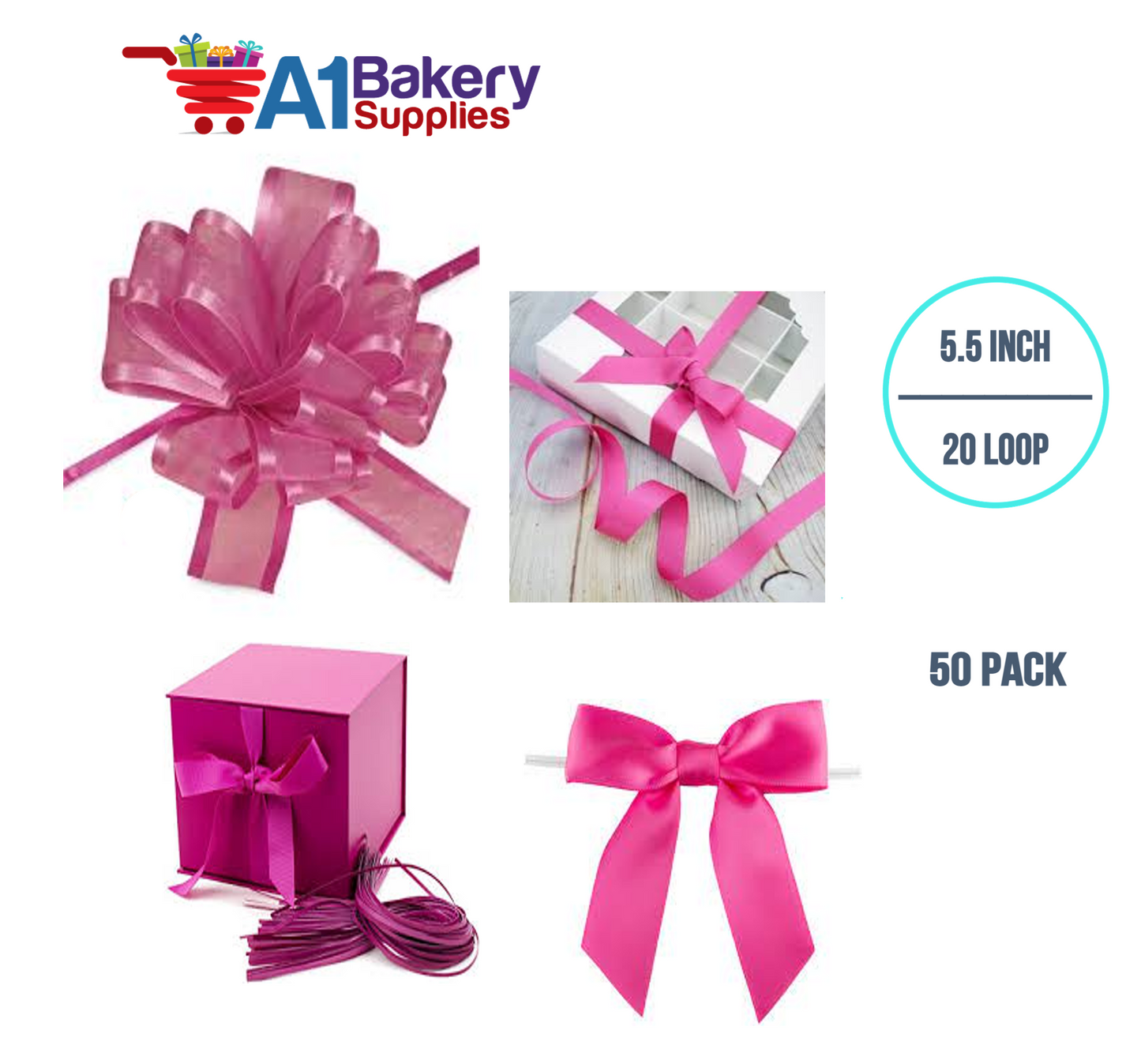 A1BakerySupplies 50 Pieces Pull Bow for Gift Wrapping Gift Bows Pull Bow With Ribbon for Wedding Gift Baskets, 5.5 Inch 20 Loop in Hot Pink Color