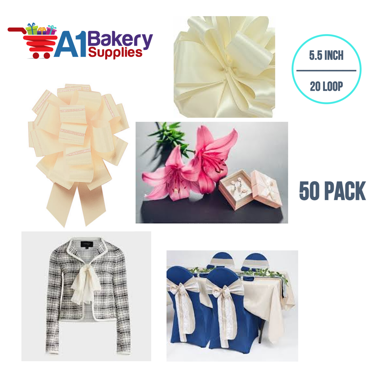 A1BakerySupplies 50 Pieces Pull Bow for Gift Wrapping Gift Bows Pull Bow With Ribbon for Wedding Gift Baskets, 5.5 Inch 20 Loop in Egg Shell Color
