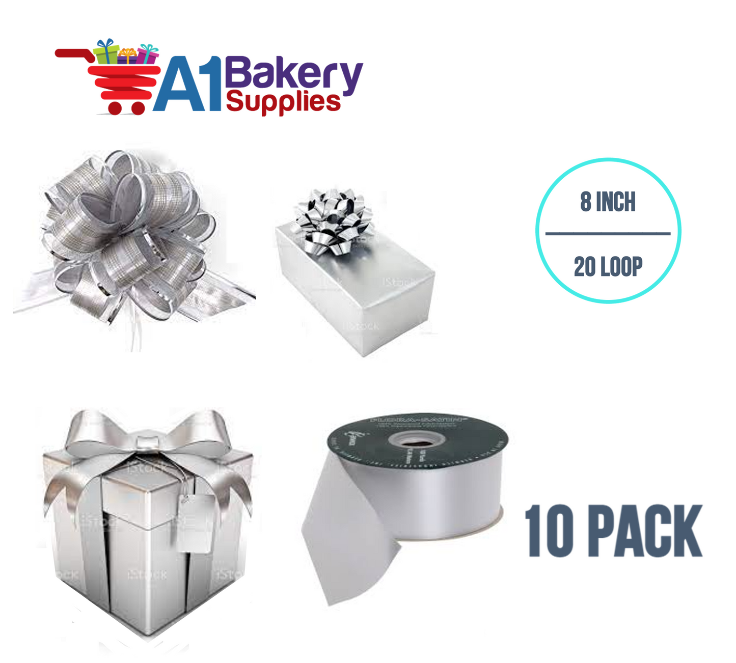 A1BakerySupplies 10 Pieces Pull Bow for Gift Wrapping Gift Bows Pull Bow With Ribbon for Wedding Gift Baskets, 8 Inch 20 Loop in Silver Color