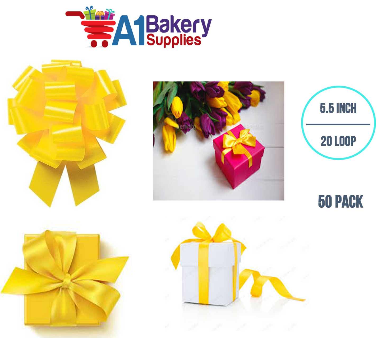 A1BakerySupplies 50 Pieces Pull Bow for Gift Wrapping Gift Bows Pull Bow With Ribbon for Wedding Gift Baskets, 5.5 Inch 20 Loop in  Yellow Color
