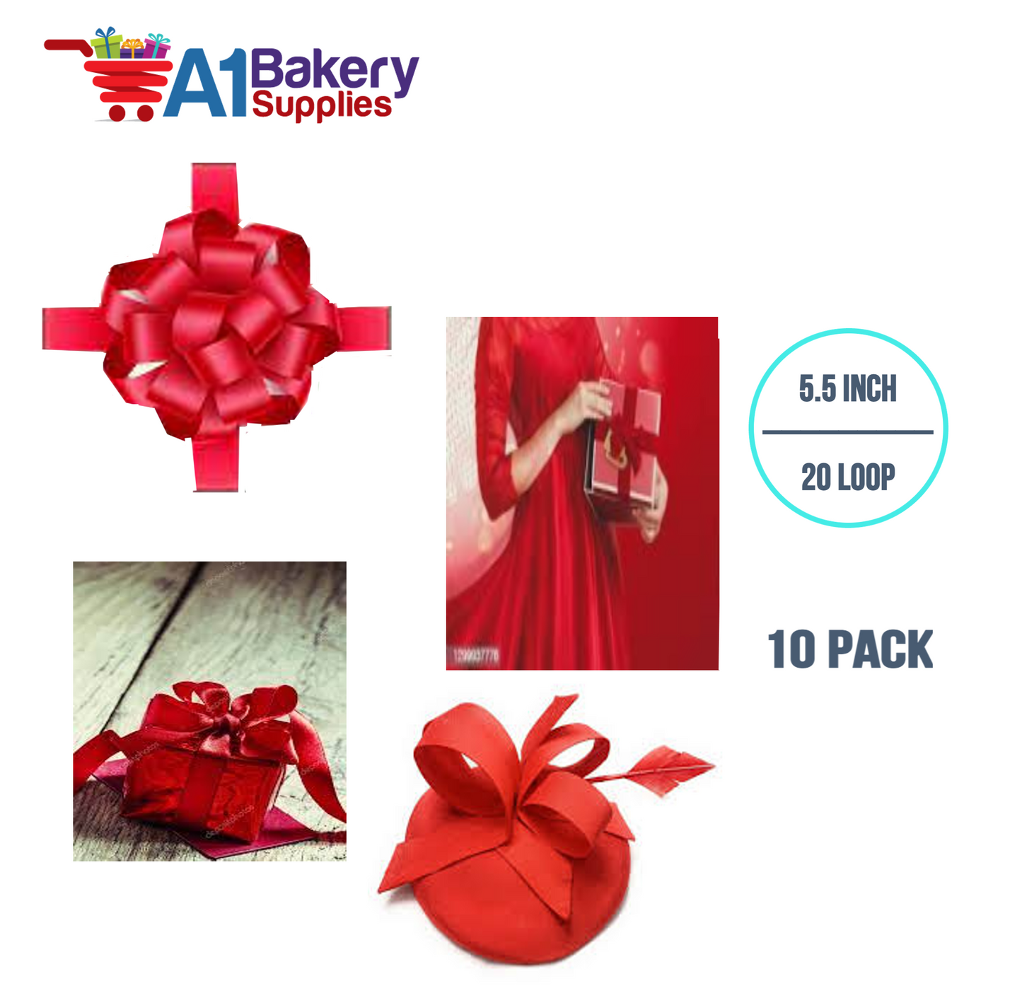 A1BakerySupplies 10 Pieces Pull Bow for Gift Wrapping Gift Bows Pull Bow With Ribbon for Wedding Gift Baskets, 5.5 Inch 20 Loop in Scarlet Red Color
