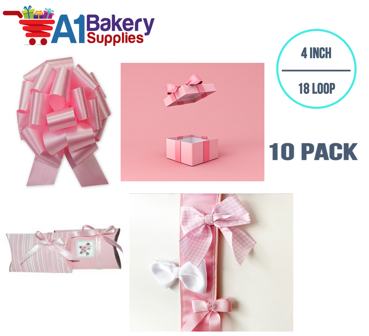 A1BakerySupplies 10 Pieces Pull Bow for Gift Wrapping Gift Bows Pull Bow With Ribbon for Wedding Gift Baskets, 4 Inch 18 Loop in Baby Pink Flora Satin Color