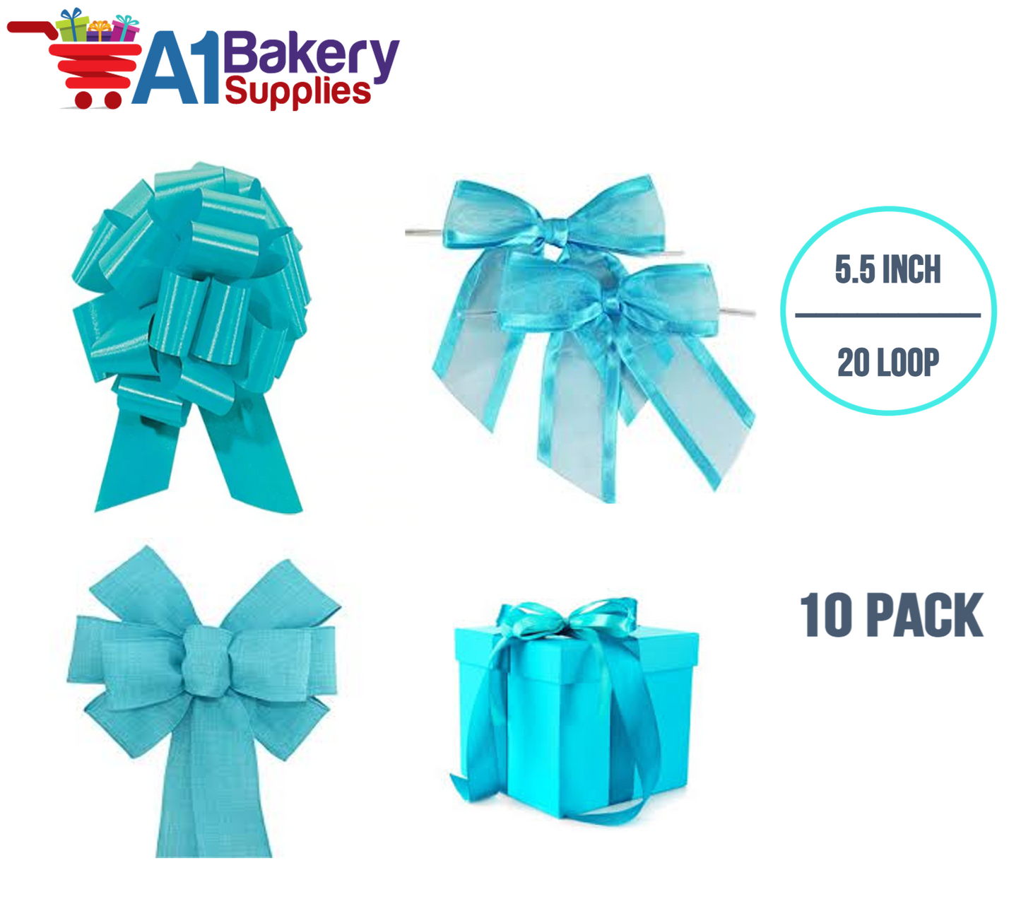A1BakerySupplies 10 Pieces Pull Bow for Gift Wrapping Gift Bows Pull Bow With Ribbon for Wedding Gift Baskets, 5.5 Inch 20 Loop in Turquoise Color