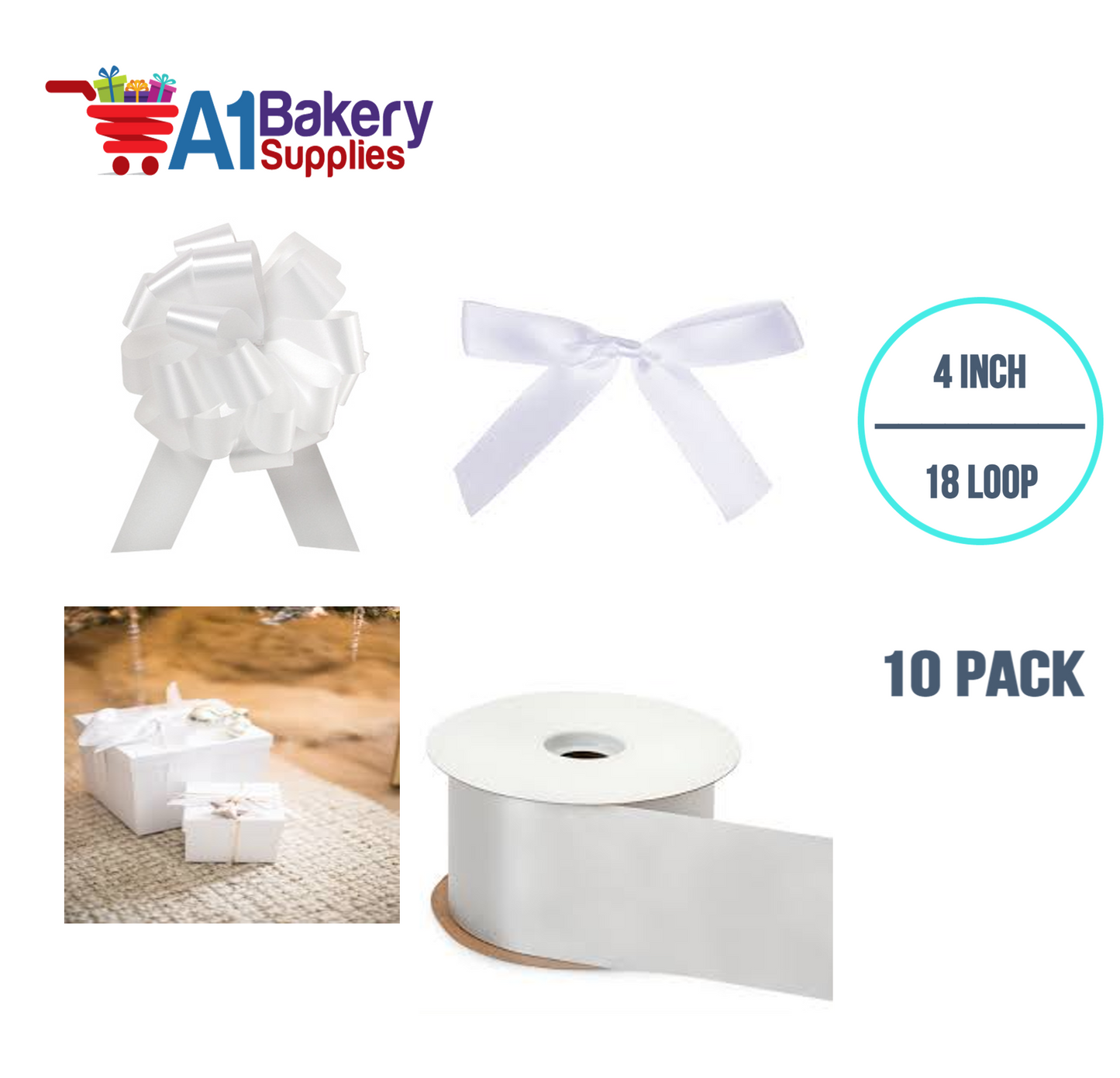 A1BakerySupplies 10 Pieces Pull Bow for Gift Wrapping Gift Bows Pull Bow With Ribbon for Wedding Gift Baskets, 4 Inch 18 Loop White Flora Satin Color
