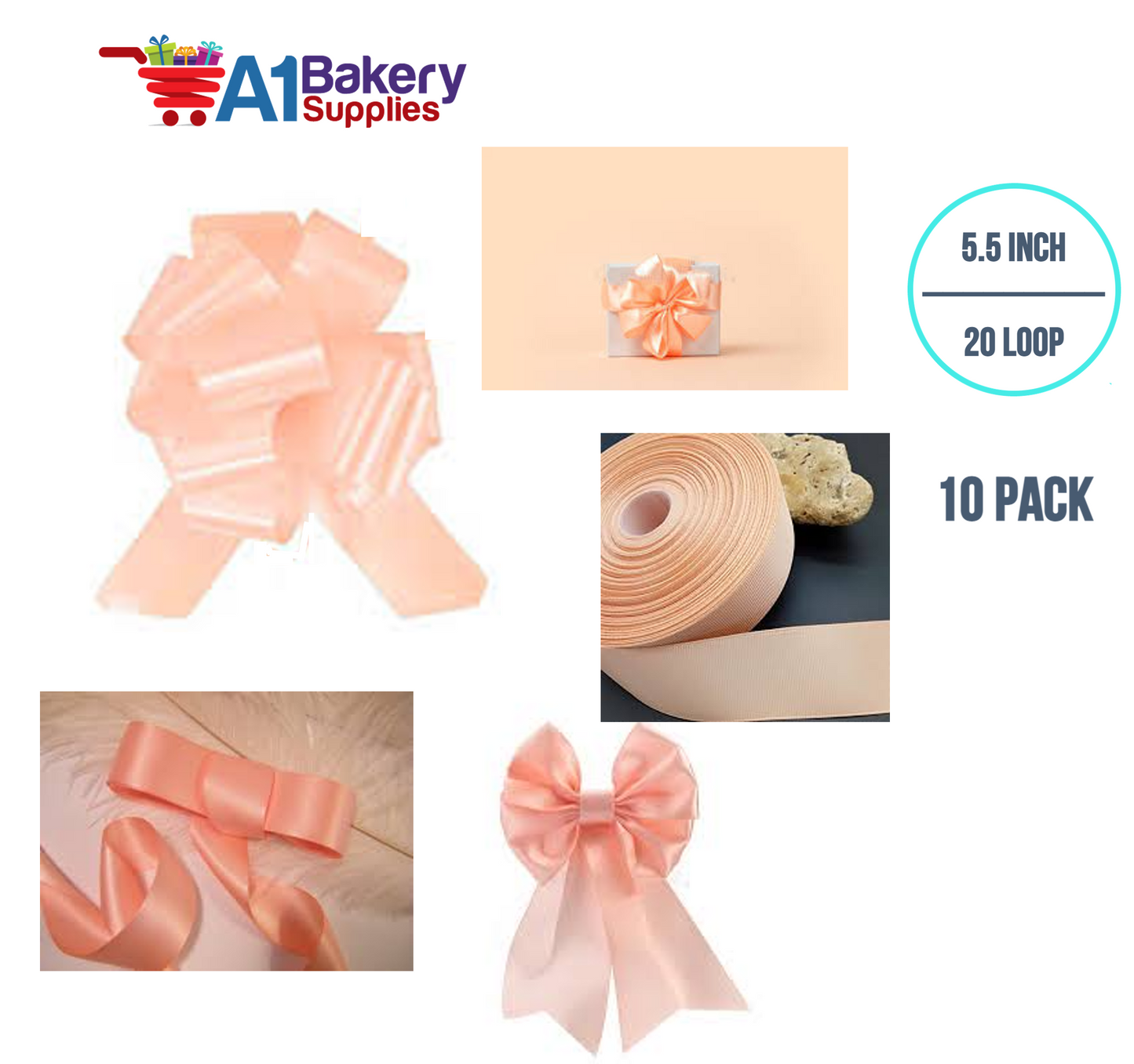 A1BakerySupplies 10 Pieces Pull Bow for Gift Wrapping Gift Bows Pull Bow With Ribbon for Wedding Gift Baskets, 5.5 Inch 20 Loop in Peach Color