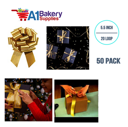 A1BakerySupplies 50 Pieces Pull Bow for Gift Wrapping Gift Bows Pull Bow With Ribbon for Wedding Gift Baskets, 5.5 Inch 20 Loop in Antique Gold Color