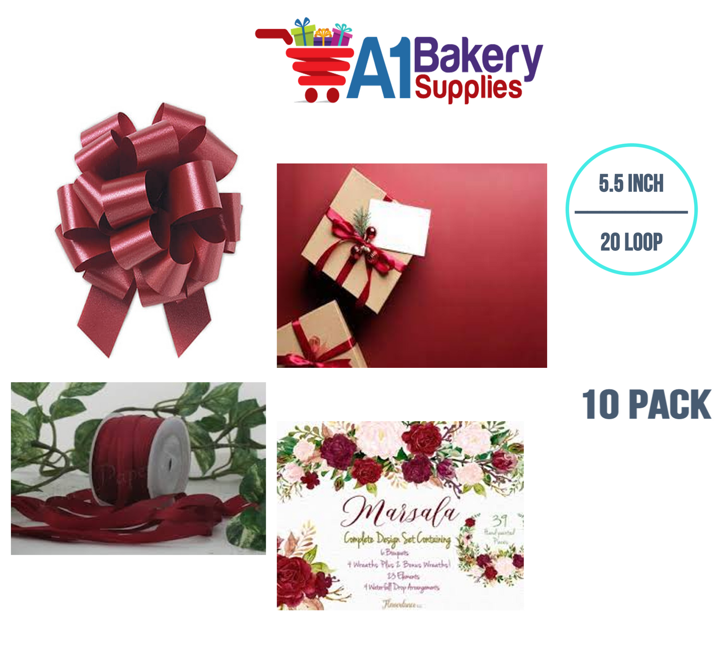 A1BakerySupplies 10 Pieces Pull Bow for Gift Wrapping Gift Bows Pull Bow With Ribbon for Wedding Gift Baskets, 5.5 Inch 20 Loop in Marsala Maroon Color