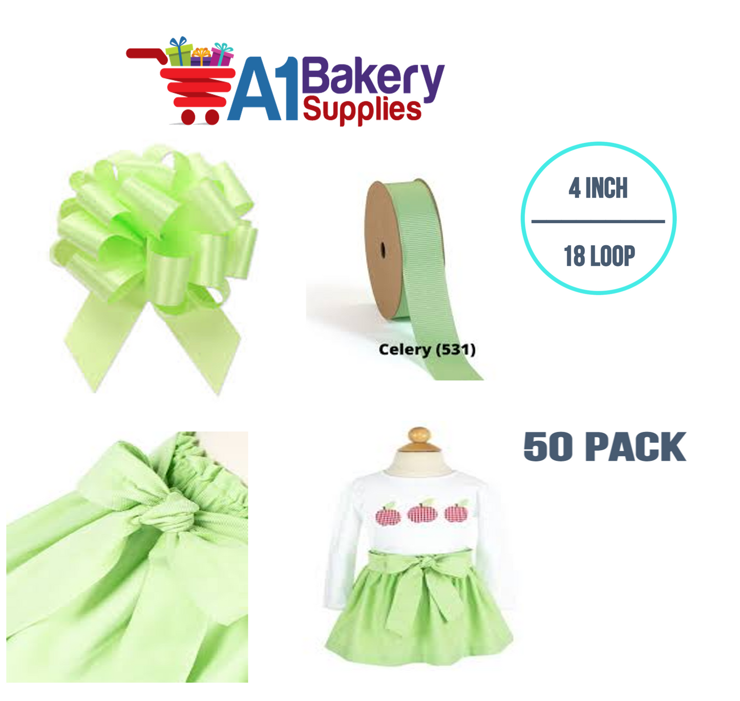 A1BakerySupplies 50 Pieces Pull Bow for Gift Wrapping Gift Bows Pull Bow With Ribbon for Wedding Gift Baskets, 4 Inch 18 Loop Celery Flora Satin Color
