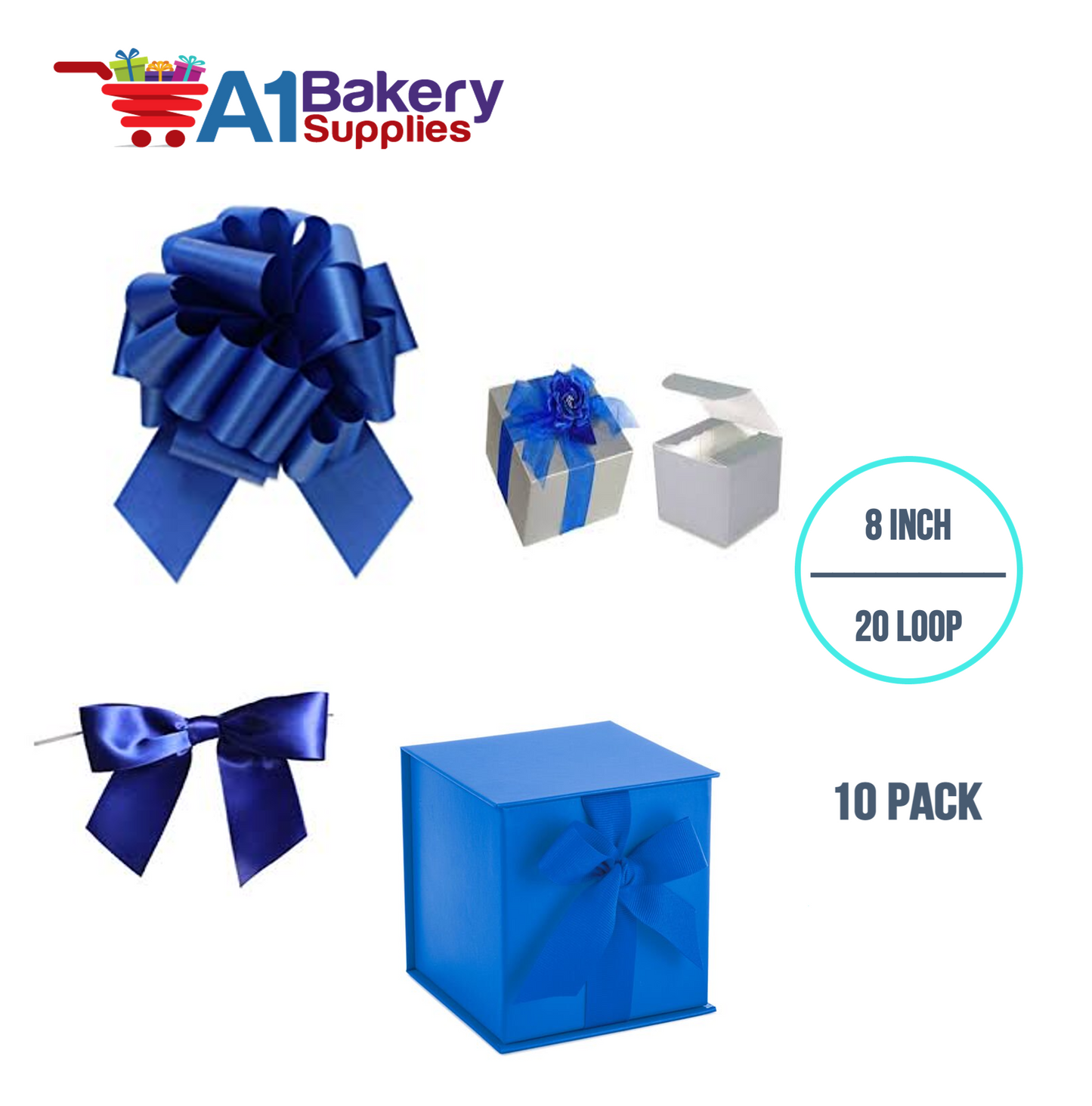 A1BakerySupplies 10 Pieces Pull Bow for Gift Wrapping Gift Bows Pull Bow With Ribbon for Wedding Gift Baskets, 8 Inch 20 Loop Royal Blue Flora Satin Color