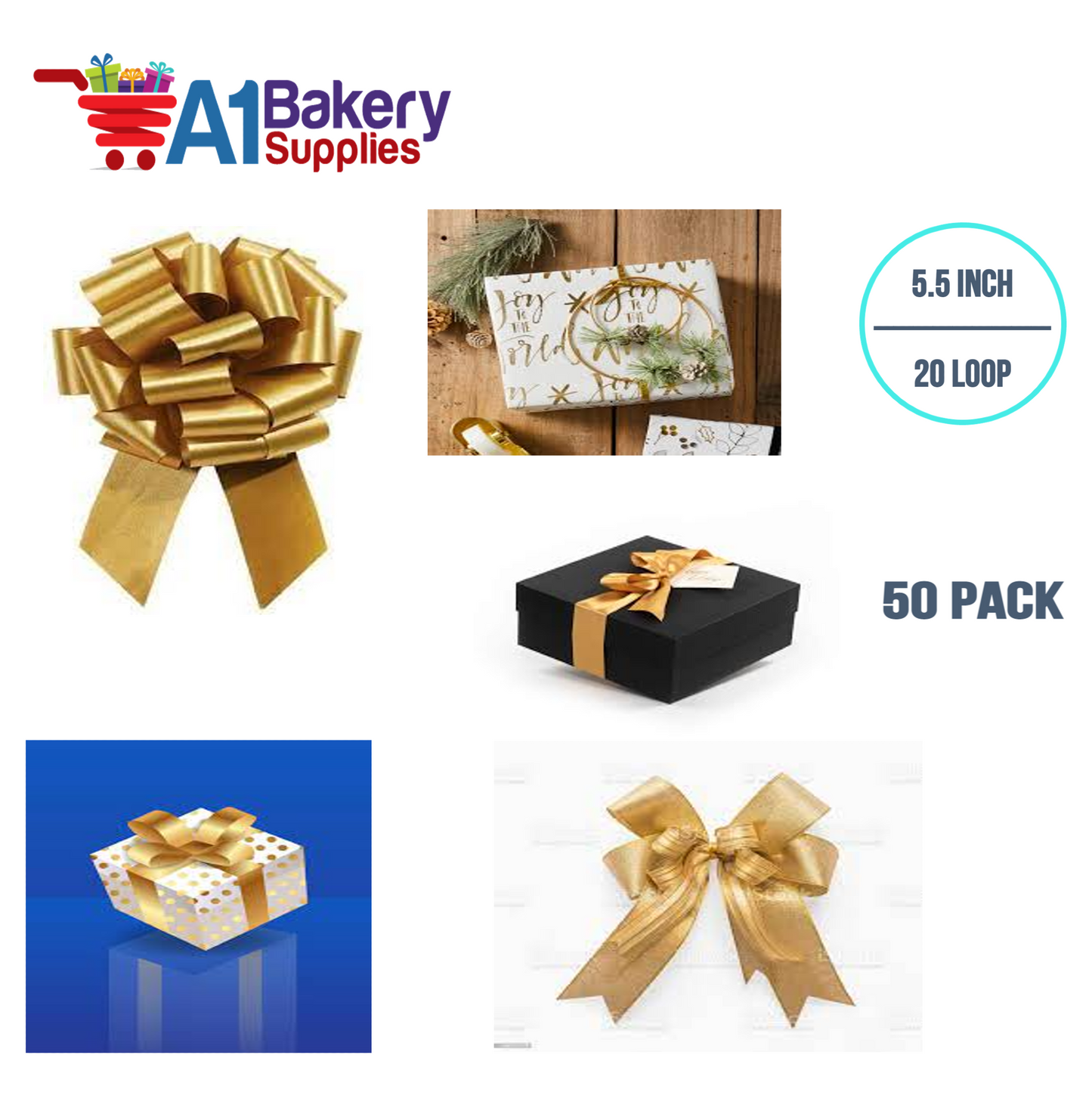 A1BakerySupplies 50 Pieces Pull Bow for Gift Wrapping Gift Bows Pull Bow With Ribbon for Wedding Gift Baskets, 5.5 Inch 20 Loop in Holiday Gold Color