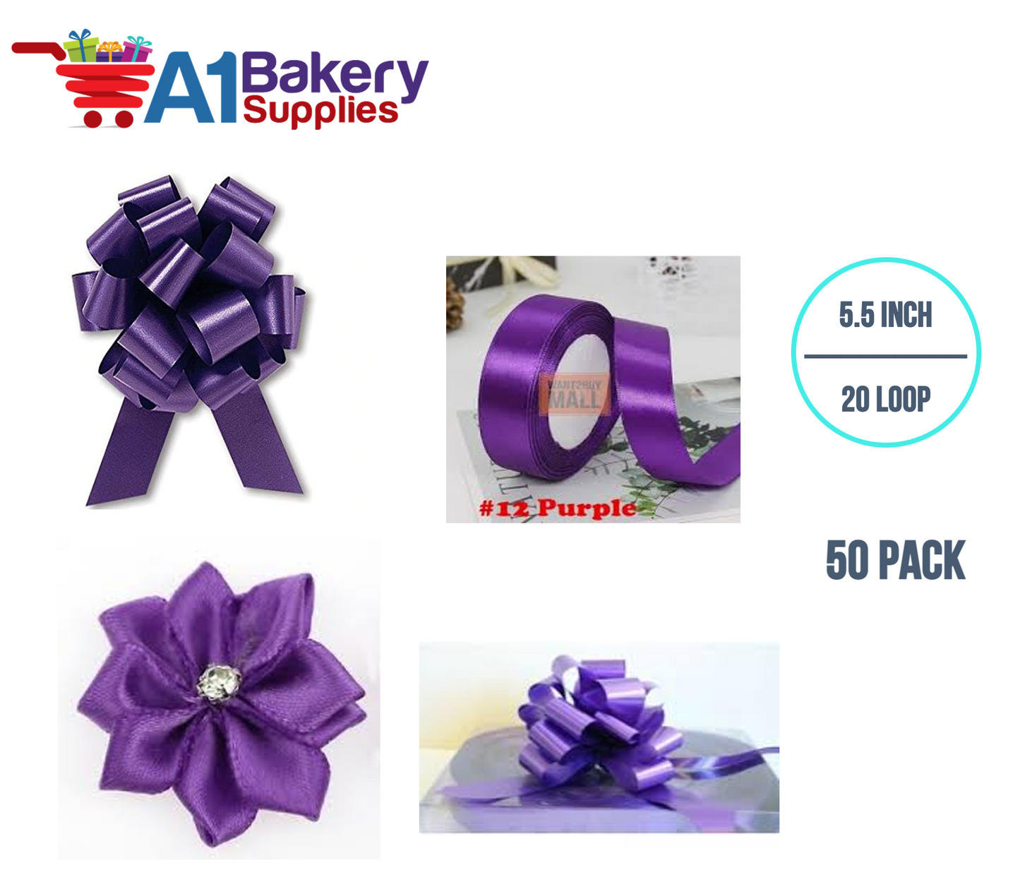 A1BakerySupplies 50 Pieces Pull Bow for Gift Wrapping Gift Bows Pull Bow With Ribbon for Wedding Gift Baskets, 5.5 Inch 20 Loop in Purple Color