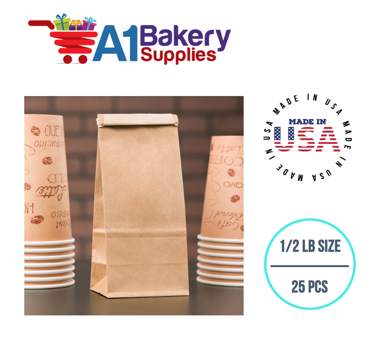 1/2 LB Size Brown No Window Tin Tie Bags 25 PCS  Kraft  Bakery Bags with No Window Resealable Tin Tie Tab Lock Poly-Lined Bags Kraft Paper Bags for Cookies, Coffee