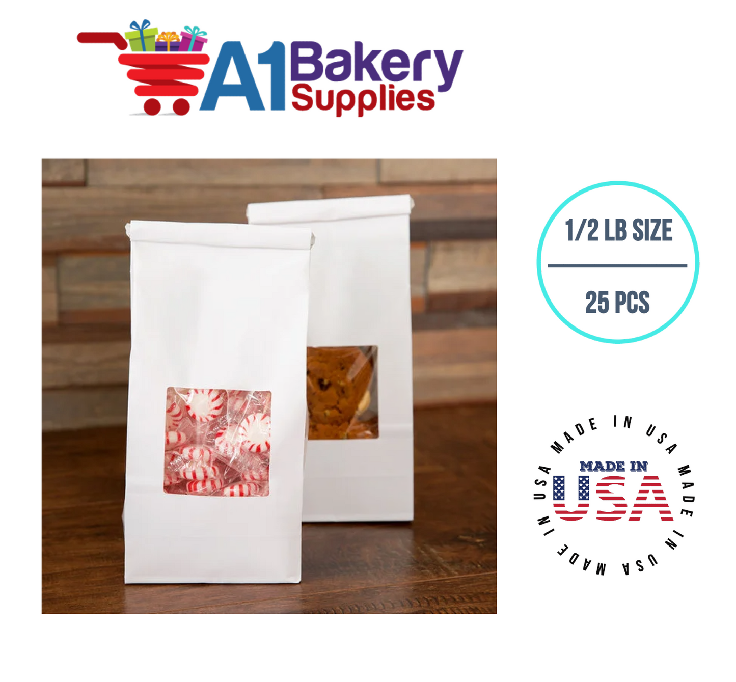 1/2 LB Size White Square Window Tin Tie Bags 25 PCS  White  Bakery Bags with Square Window Resealable Tin Tie Tab Lock Poly-Lined Bags White Paper Bags for Cookies, Coffee