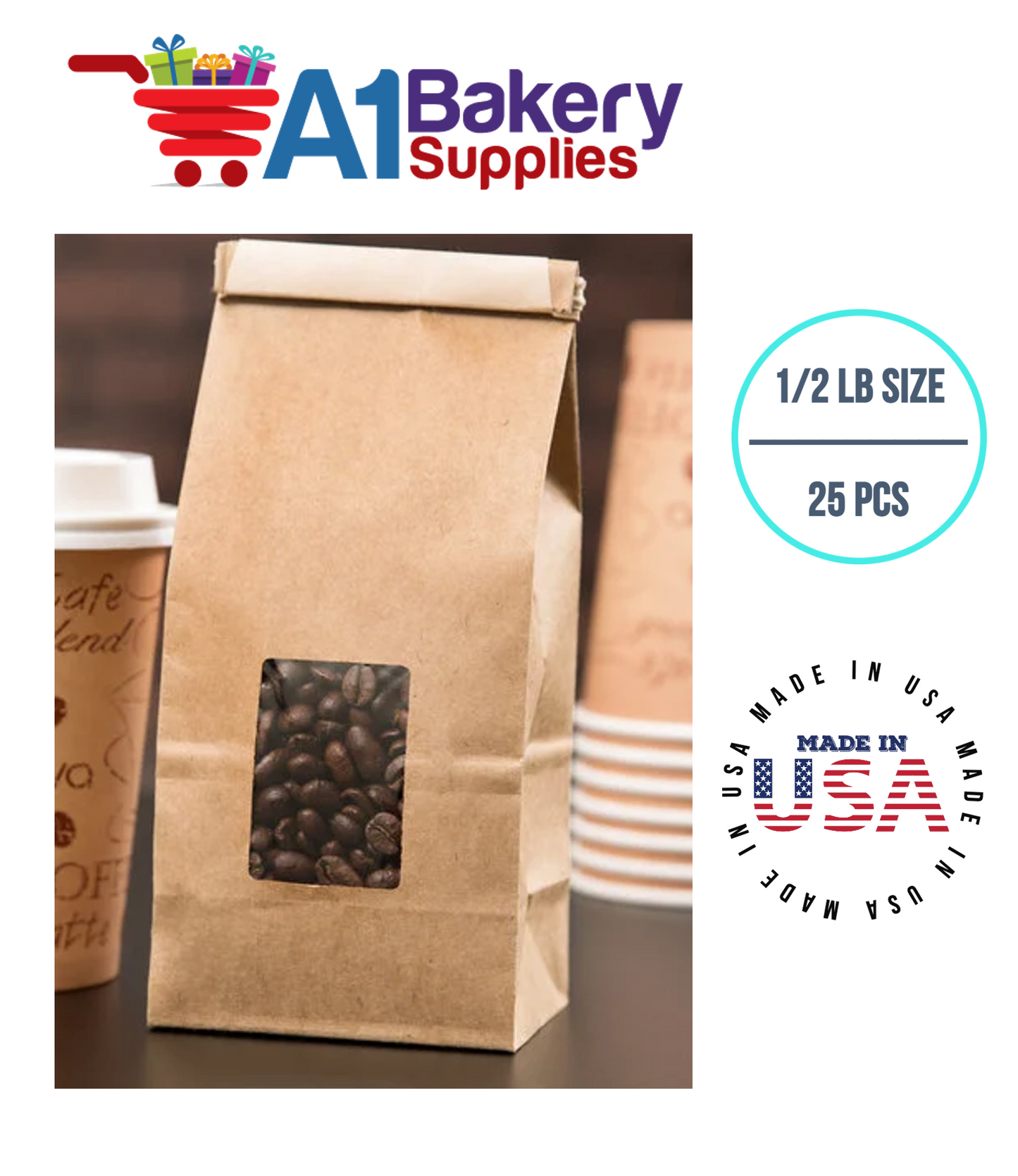 1/2 LB Size Brown Square Window Tin Tie Bags 25 PCS Kraft  Bakery Bags with Square Window Resealable Tin Tie Tab Lock Poly-Lined Bags Kraft Paper Bags for Cookies, Coffee