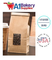 1/2 LB Size Brown Square Window Tin Tie Bags 25 PCS Kraft  Bakery Bags with Square Window Resealable Tin Tie Tab Lock Poly-Lined Bags Kraft Paper Bags for Cookies, Coffee